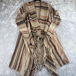 Natural Reflections Stripe Open Front Cardigan Women L Browns Fringe Boho (0786)